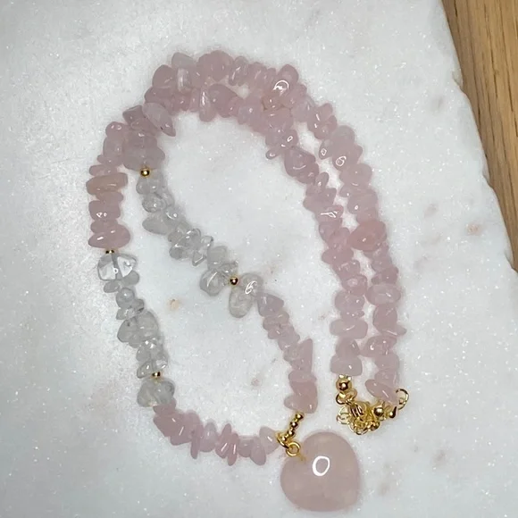 Rose Quartz Heart Pendant Beaded Necklace - Pink - Picture 7 of 9